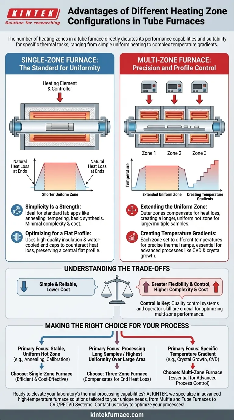 Quais são as vantagens das diferentes configurações de zona de aquecimento em fornos tubulares? Otimize Seus Processos Térmicos Guia Visual