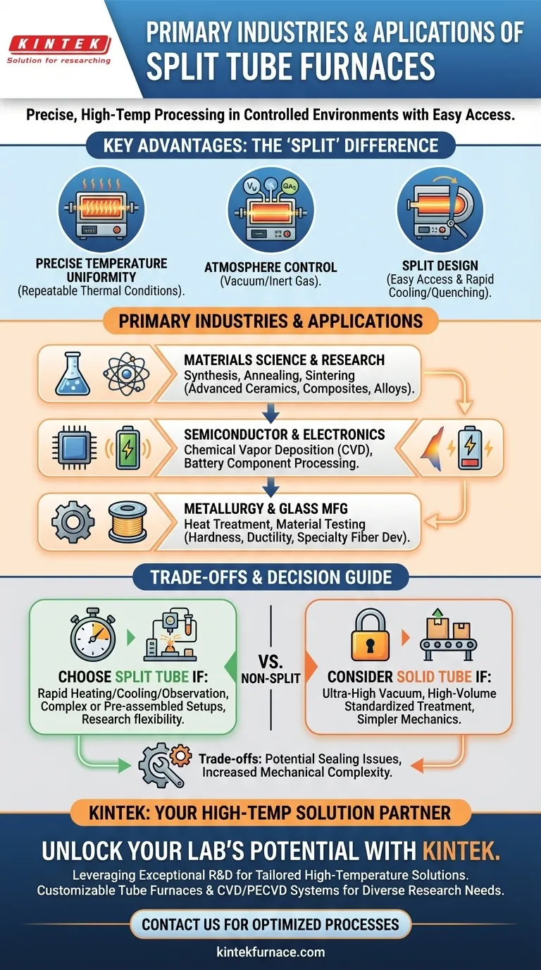 What are the primary industries that use split tube furnaces? Essential for High-Temp Material Processing Visual Guide