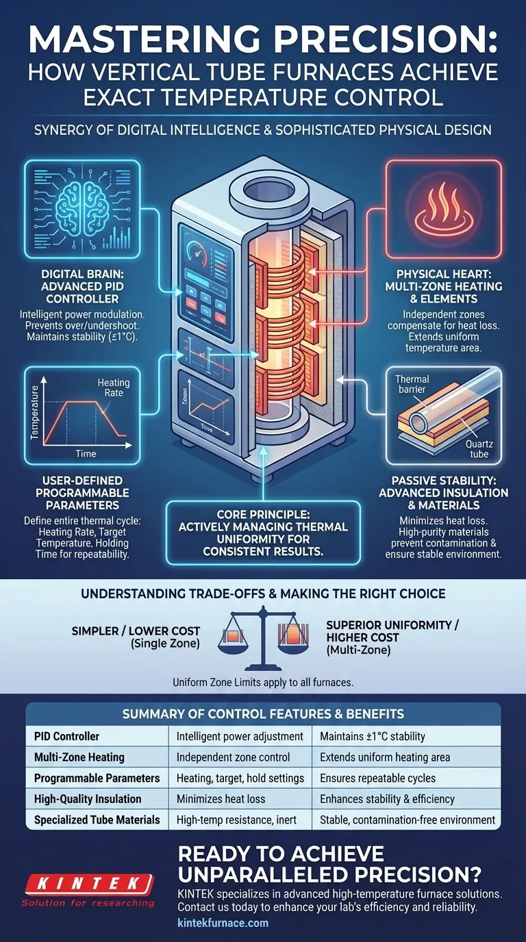 What features enable precise temperature control in a vertical tube furnace? Unlock Superior Thermal Accuracy for Your Lab Visual Guide