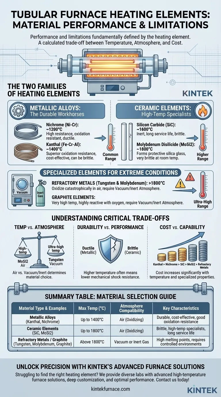 Quali materiali sono comunemente usati per l'elemento riscaldante nei forni tubolari? Scegli il migliore per le tue esigenze ad alta temperatura Guida Visiva