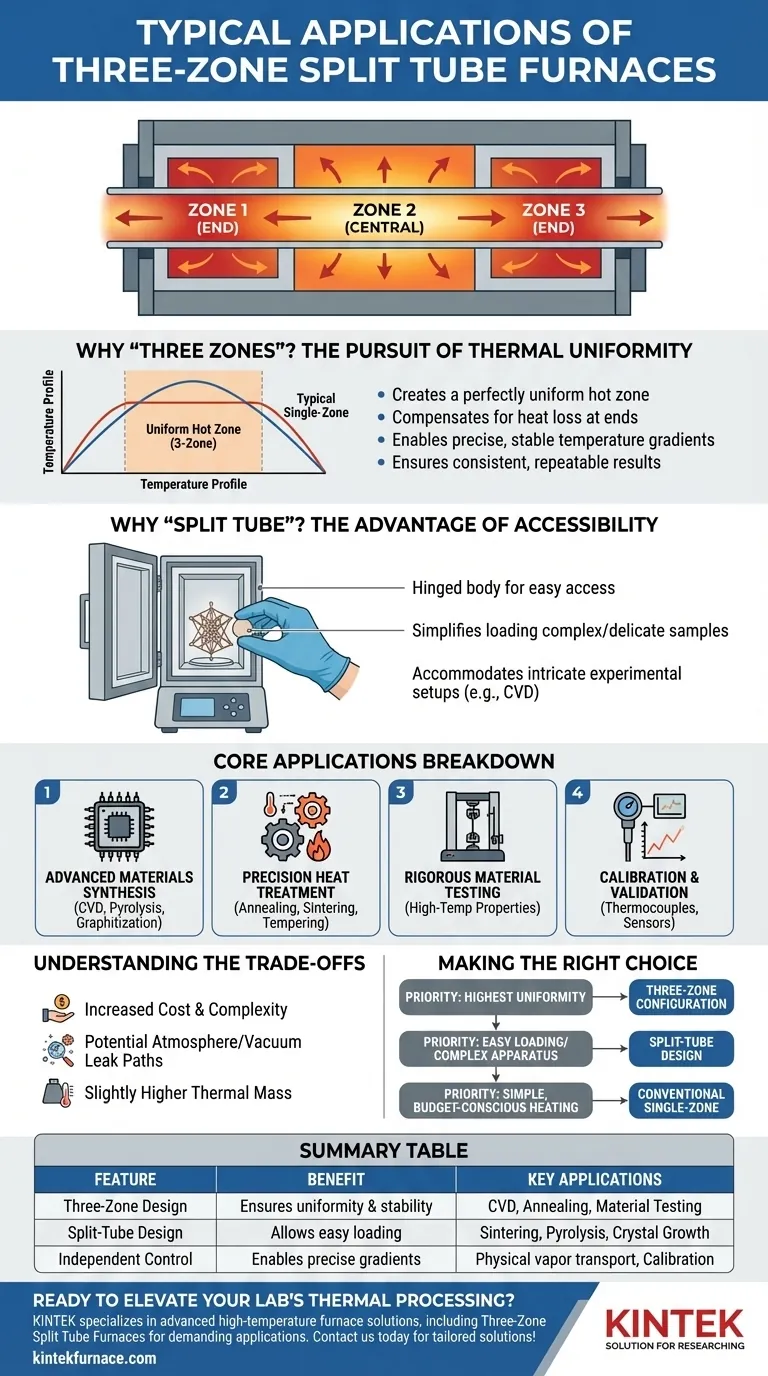 Quali sono le applicazioni tipiche dei forni a tubi divisi a tre zone?Riscaldamento di precisione per materiali avanzati Guida Visiva