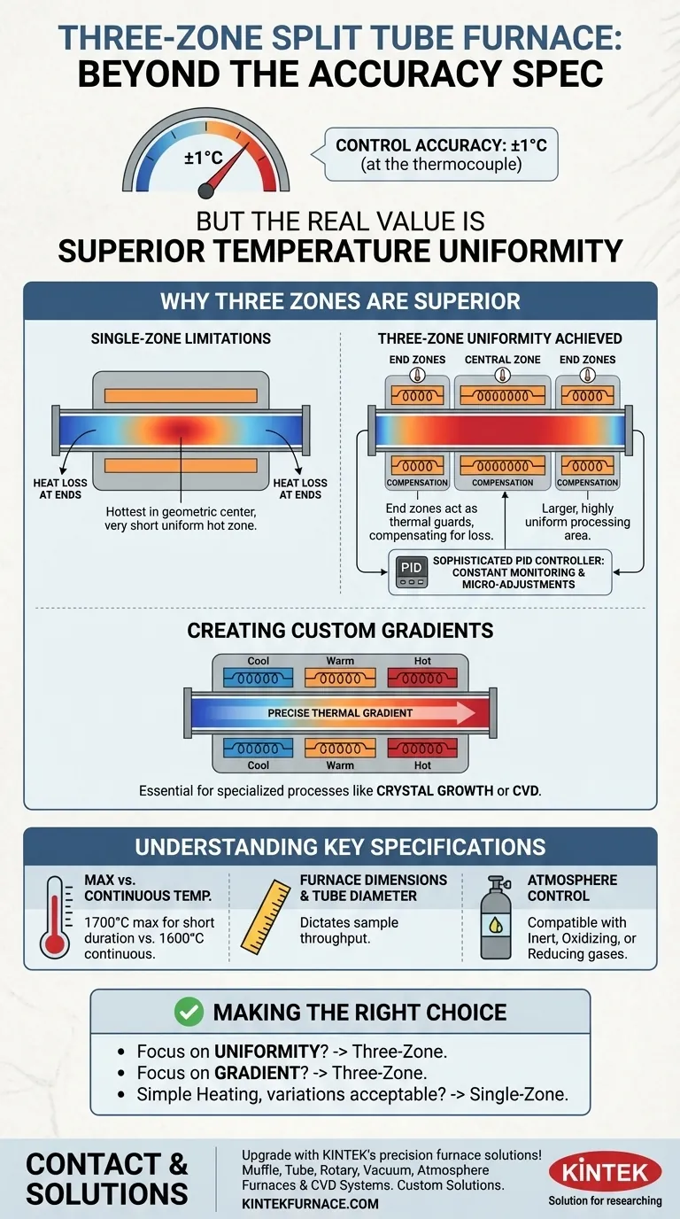 What is the temperature accuracy of a three-zone split tube furnace? Achieve ±1°C Precision and Superior Uniformity Visual Guide