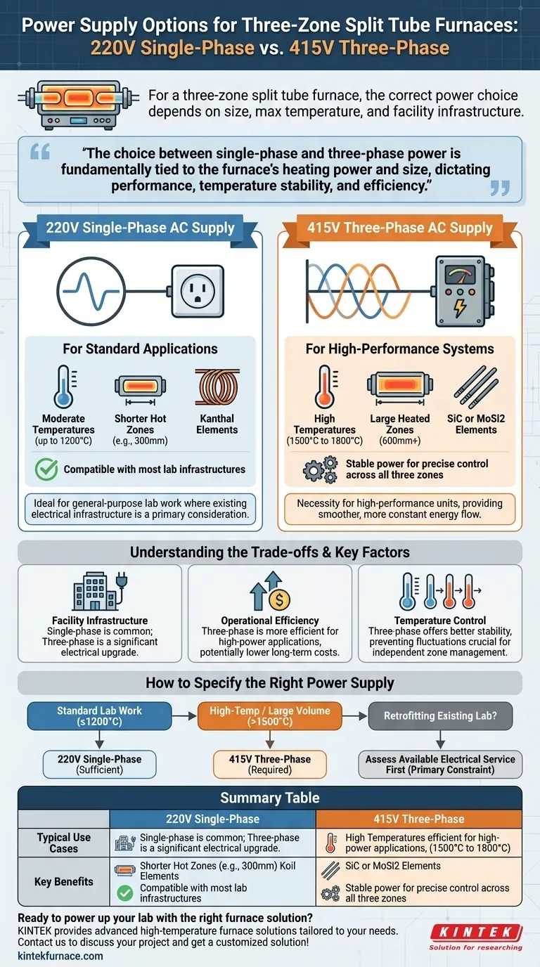 What are the power supply options for three-zone split tube furnaces? Choose the Right Power for Optimal Performance Visual Guide
