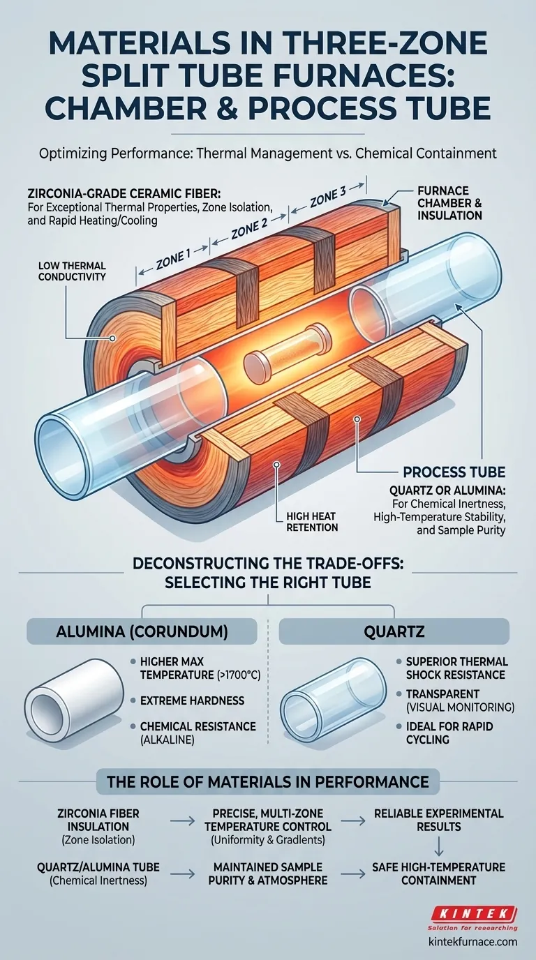 Quais materiais são usados para a câmara e o isolamento em fornos de tubo dividido de três zonas? Otimize Seus Processos de Alta Temperatura Guia Visual