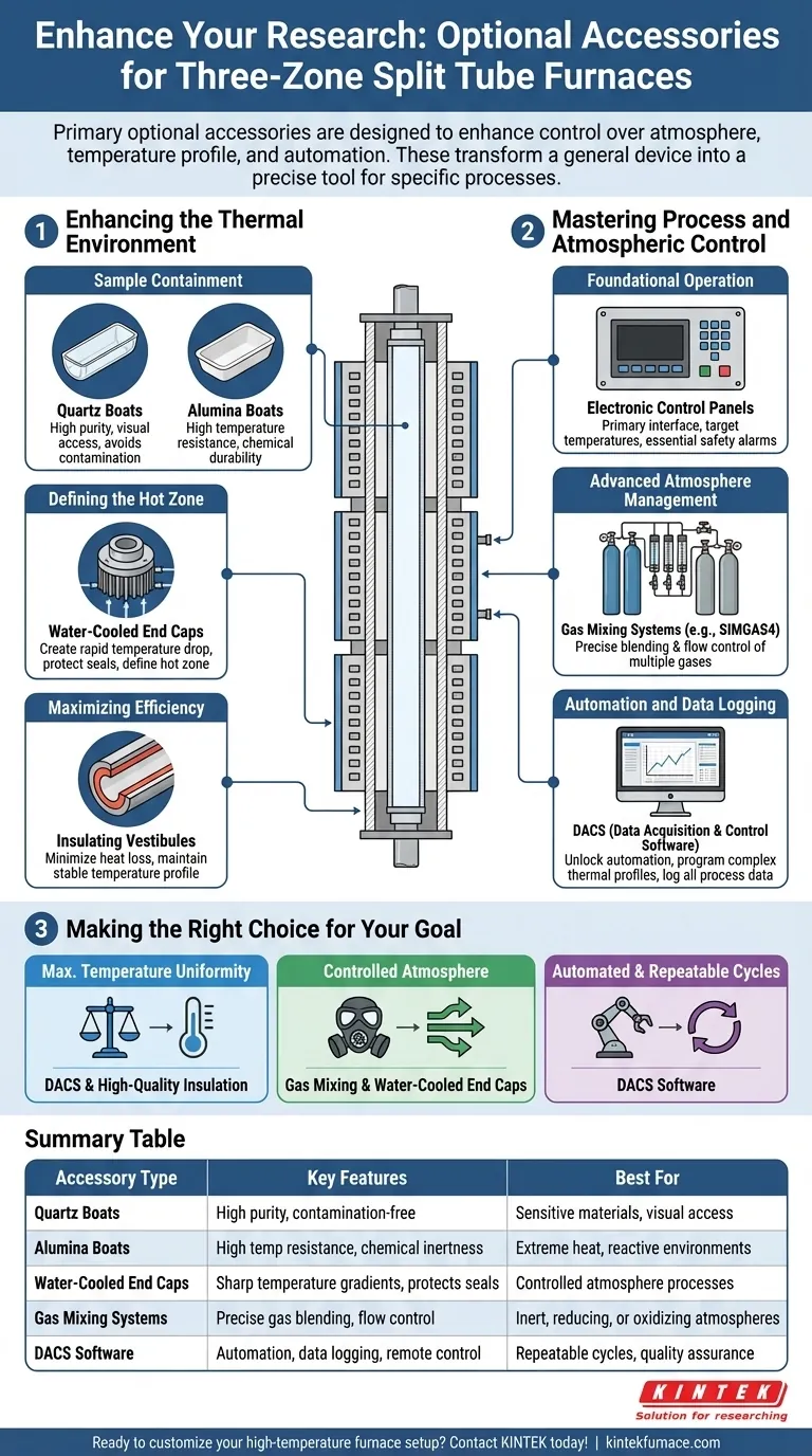 Quais acessórios opcionais estão disponíveis para fornos tubulares de tubo dividido de três zonas? Aumente o controle e a eficiência do seu laboratório Guia Visual