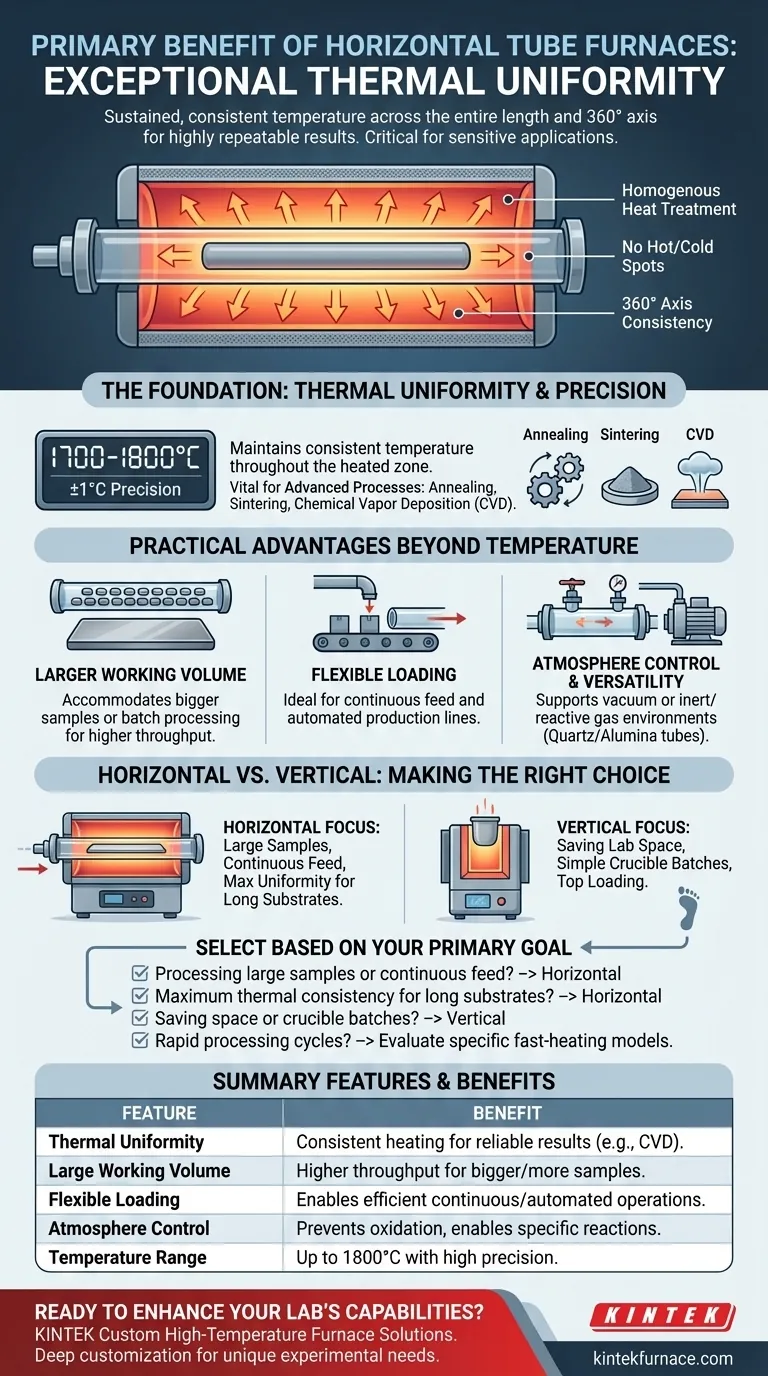Was ist der Hauptvorteil von horizontalen Rohröfen? Erzielen Sie überlegene thermische Gleichmäßigkeit für Ihre Materialien Visuelle Anleitung