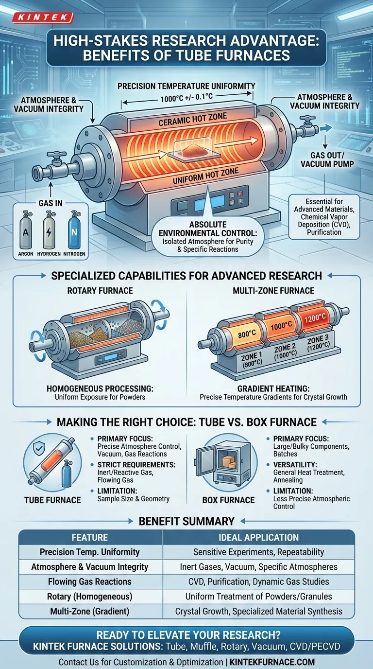 Каковы преимущества использования трубчатой печи в ответственных исследованиях? Обеспечьте точный контроль окружающей среды для чувствительных экспериментов Визуальное руководство