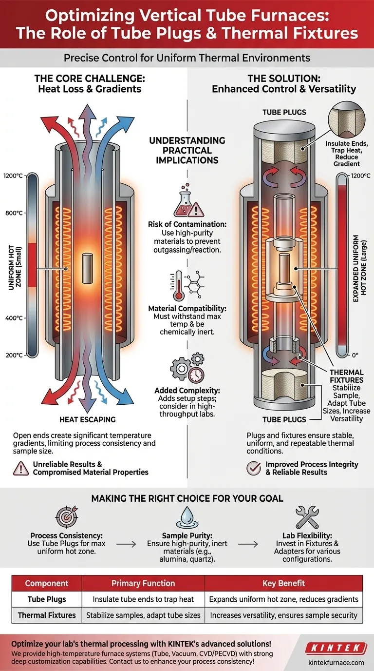 Welche Rolle spielen Rohrkappen und thermische Vorrichtungen in vertikalen Rohröfen? Verbesserung der Temperaturkontrolle und Vielseitigkeit Visuelle Anleitung