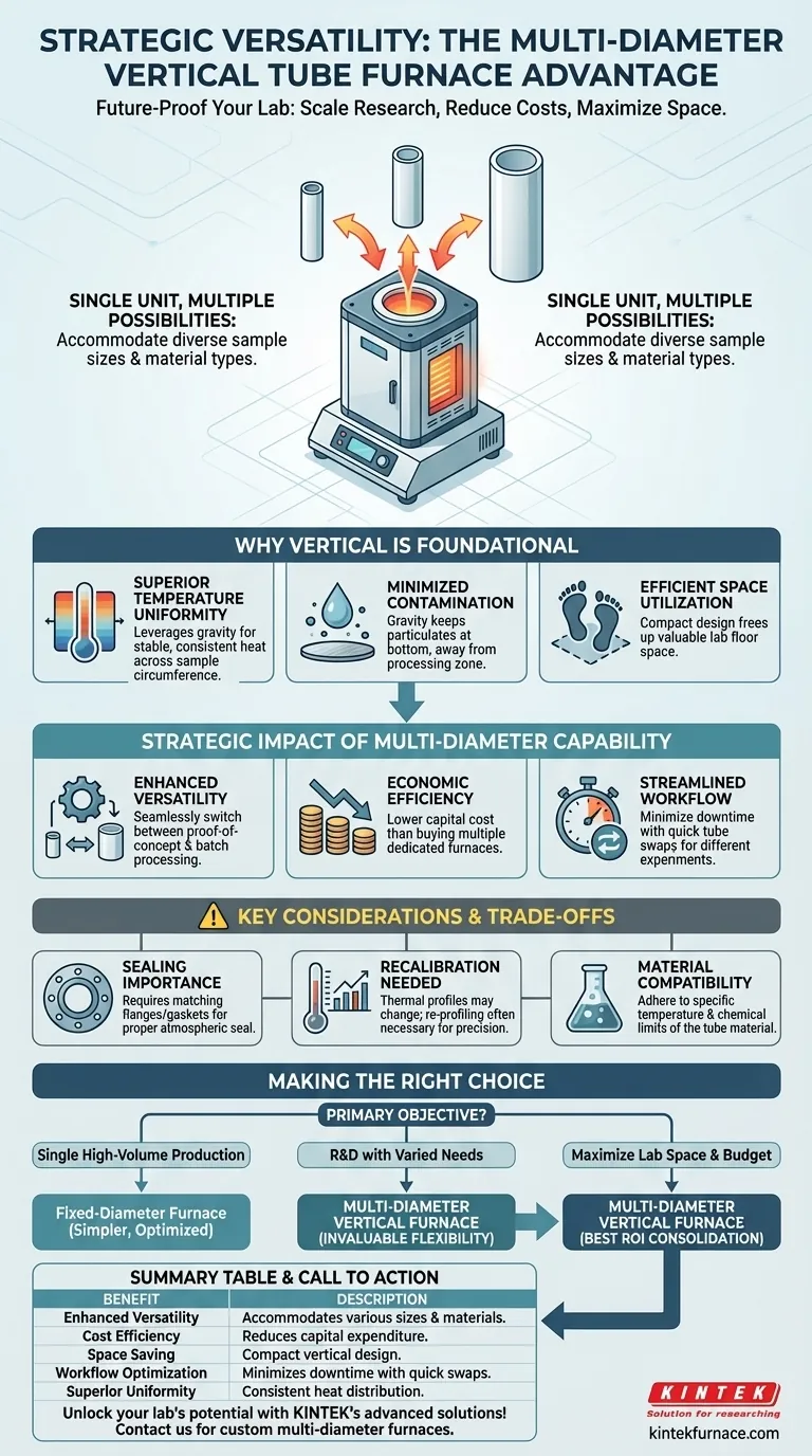 Quali sono i vantaggi dell'utilizzo di opzioni di tubi con diametri multipli in un forno a tubi verticale? Aumenta la versatilità e l'efficienza del laboratorio Guida Visiva