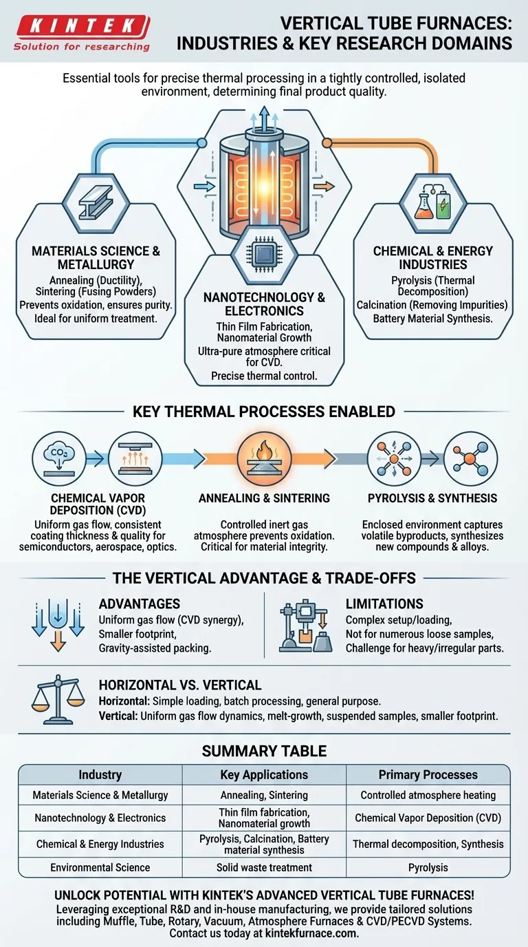 In which industries and research domains are vertical tube furnaces commonly used? Essential for Precision Thermal Processing Visual Guide