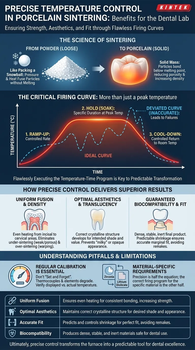 How does precise temperature control in a porcelain furnace benefit sintering? Achieve Perfect Dental Restorations Visual Guide