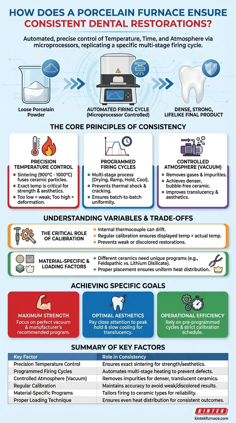 How does a porcelain furnace ensure consistent results in dental restorations? Master Precision Firing for Perfect Teeth Visual Guide