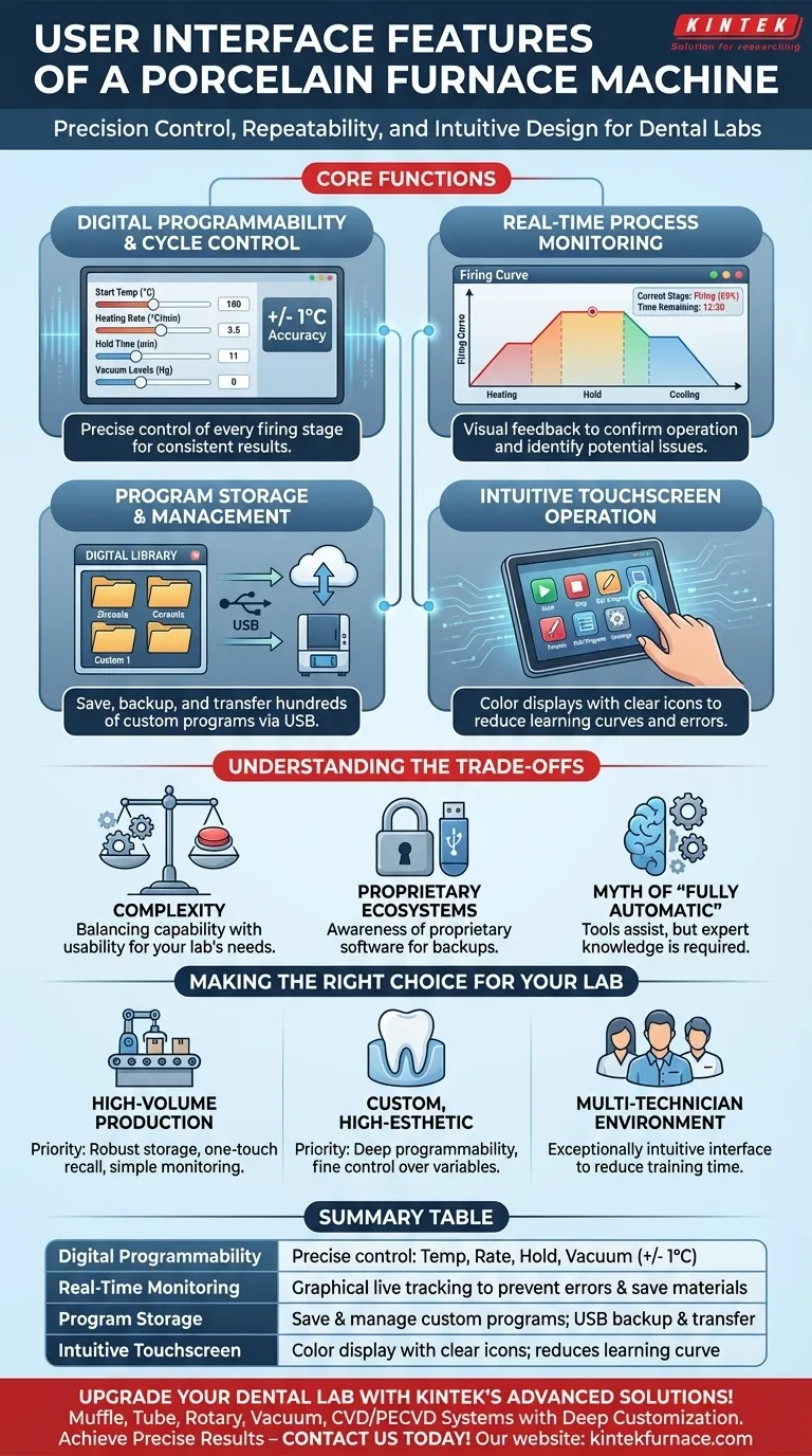 Quais recursos estão incluídos na interface do usuário de um forno de porcelana? Descubra o Controle de Precisão para Laboratórios Odontológicos Guia Visual