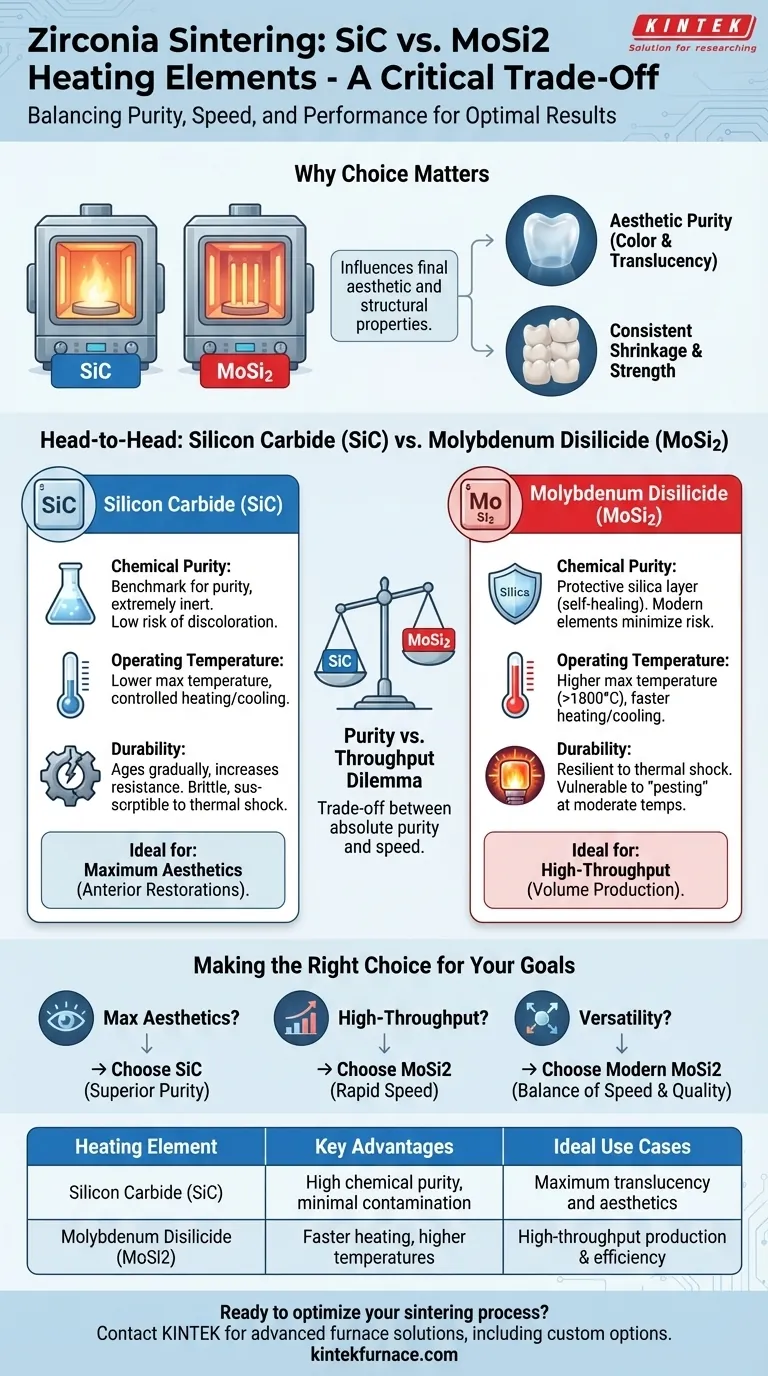 지르코니아 소결에 선호되는 발열체 유형과 그 이유는 무엇입니까? 최적의 결과를 위해 SiC 또는 MoSi2를 선택하십시오. 시각적 가이드