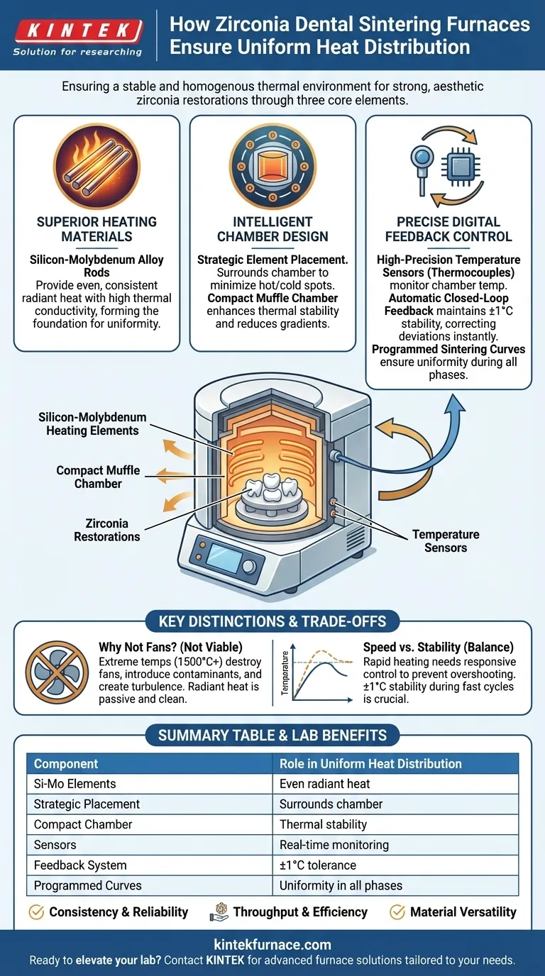 Come garantisce il Forno di Sinterizzazione Dentale in Zirconia una distribuzione uniforme del calore? Ottenere Restaurazioni Dentali Coerenti e di Alta Qualità Guida Visiva