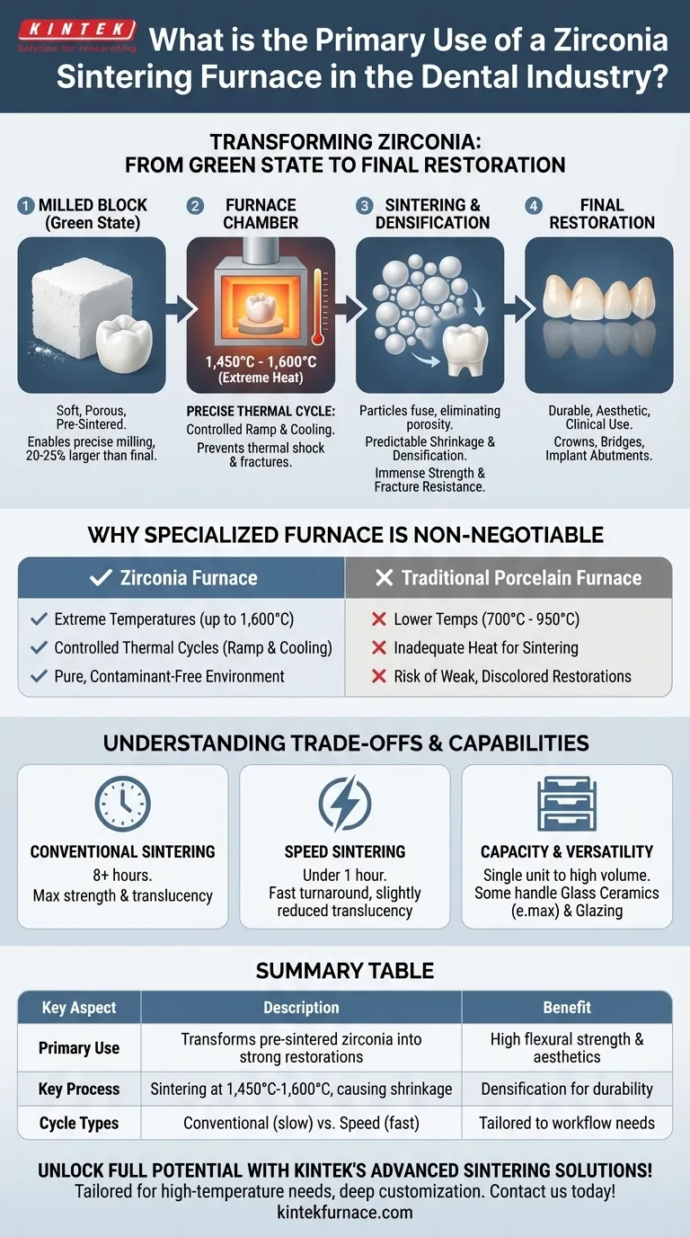 What is the primary use of a zirconia sintering furnace in the dental industry? Transform Zirconia into High-Strength Dental Restorations Visual Guide