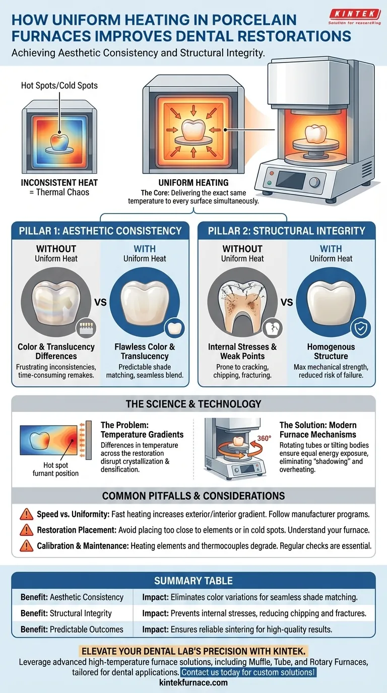 How does uniform heating in porcelain furnaces improve dental restorations? Achieve Flawless Aesthetics and Durability Visual Guide