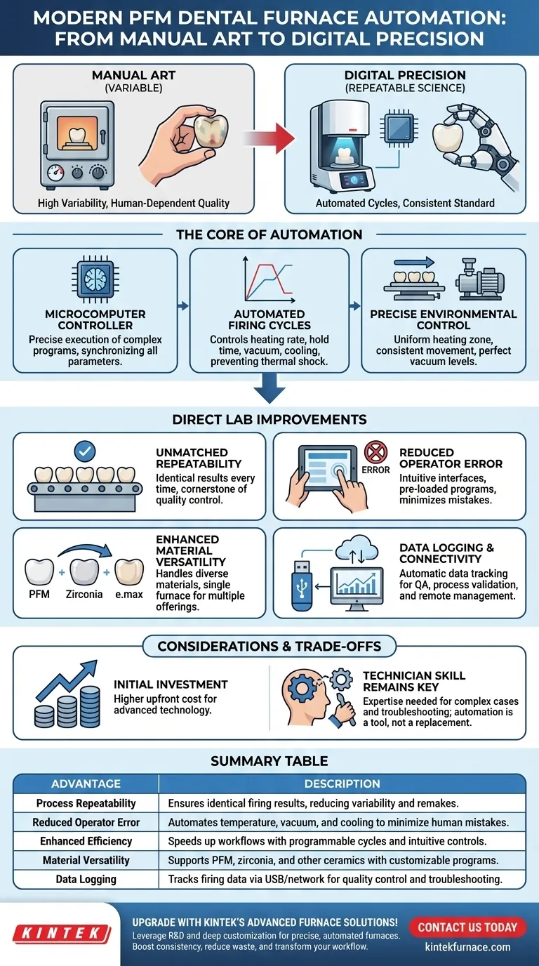 Que vantagens os fornos dentários modernos de cerâmica fundida em metal oferecem em termos de automação? Aumente a Eficiência e a Qualidade do Laboratório Guia Visual