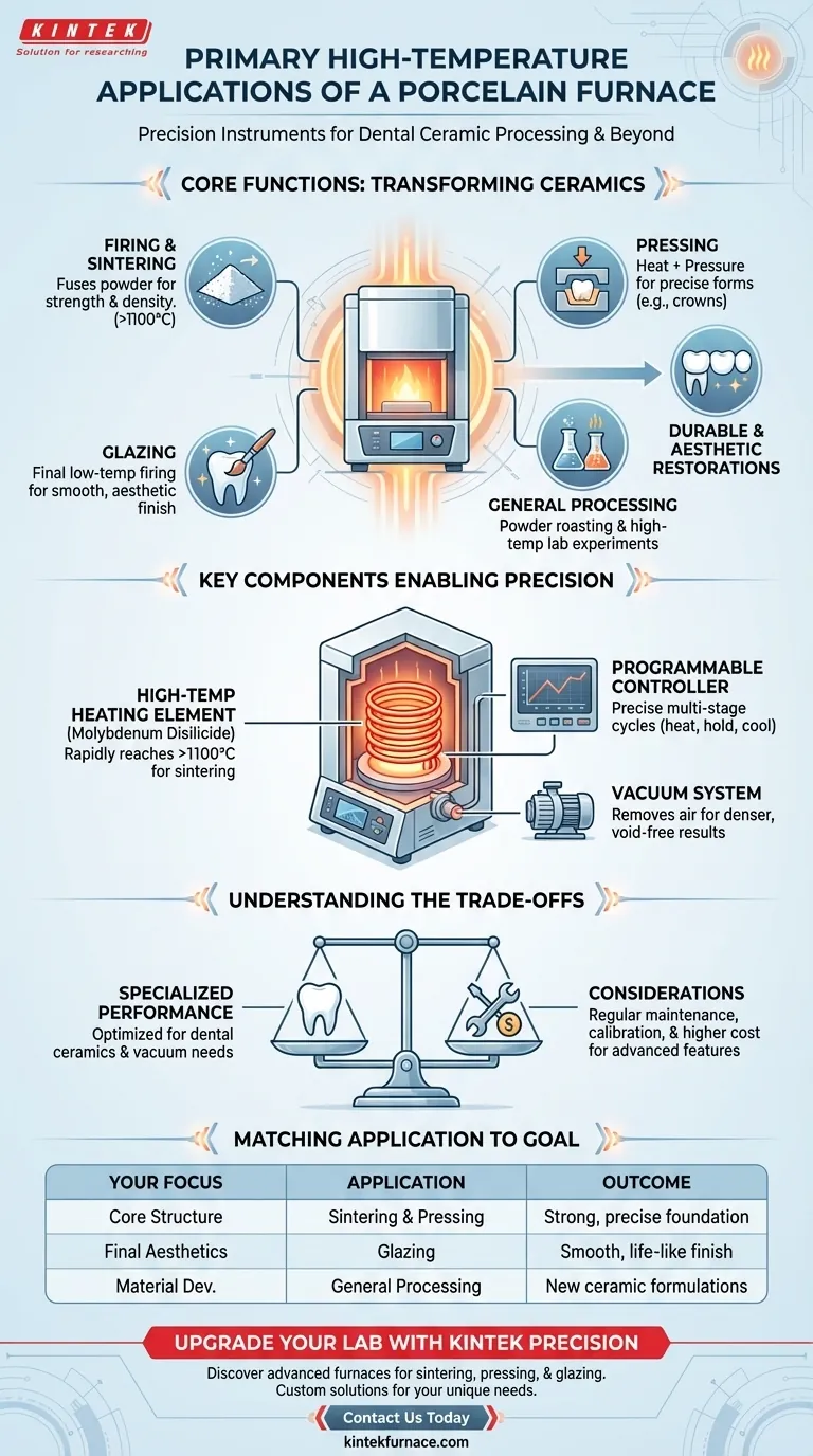 What are the primary high-temperature applications of a porcelain furnace? Essential for Dental Ceramics Processing Visual Guide