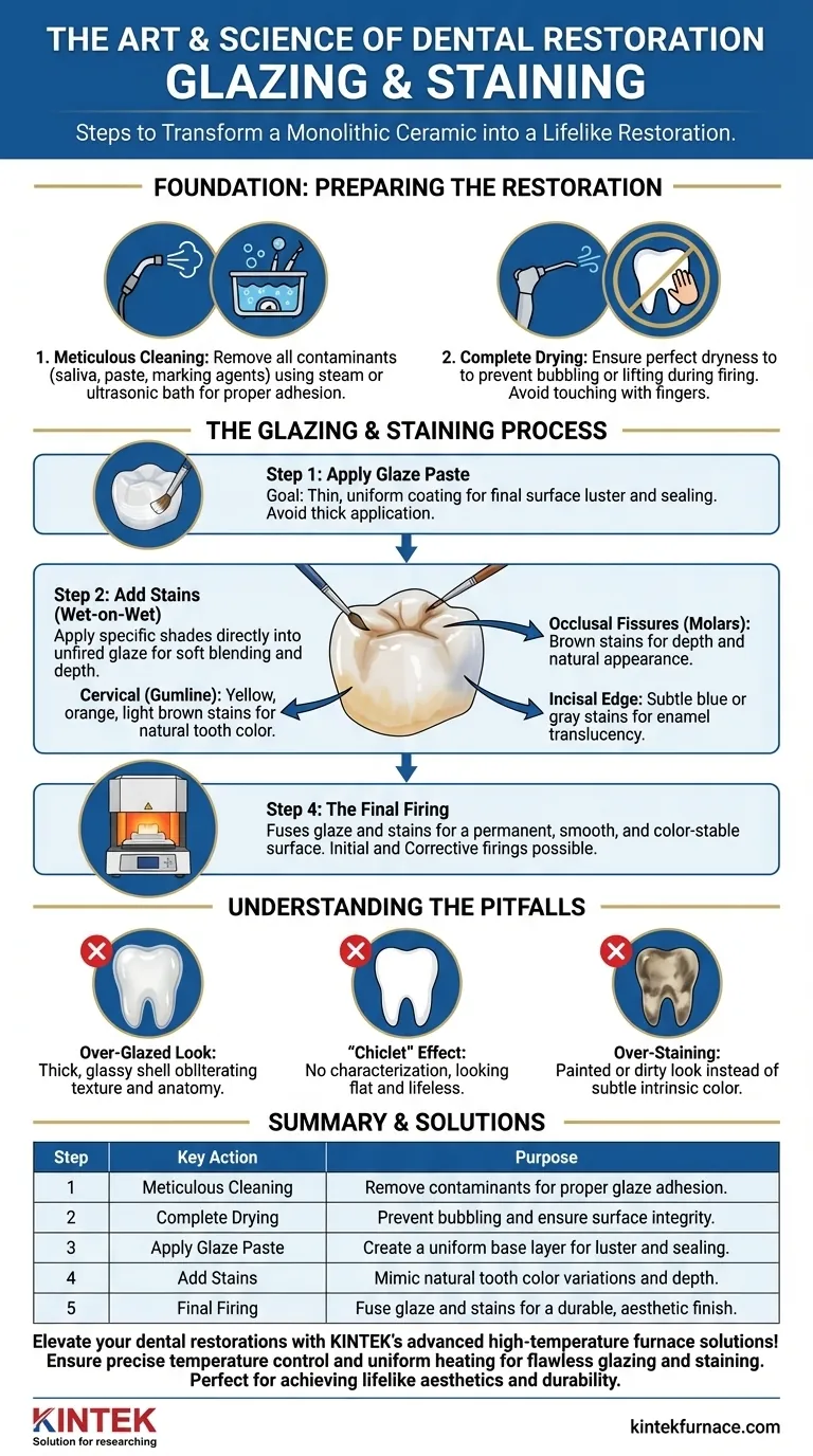 What steps are involved in applying individualized characterizations and glaze to a restoration? Master Dental Aesthetics with Expert Techniques Visual Guide