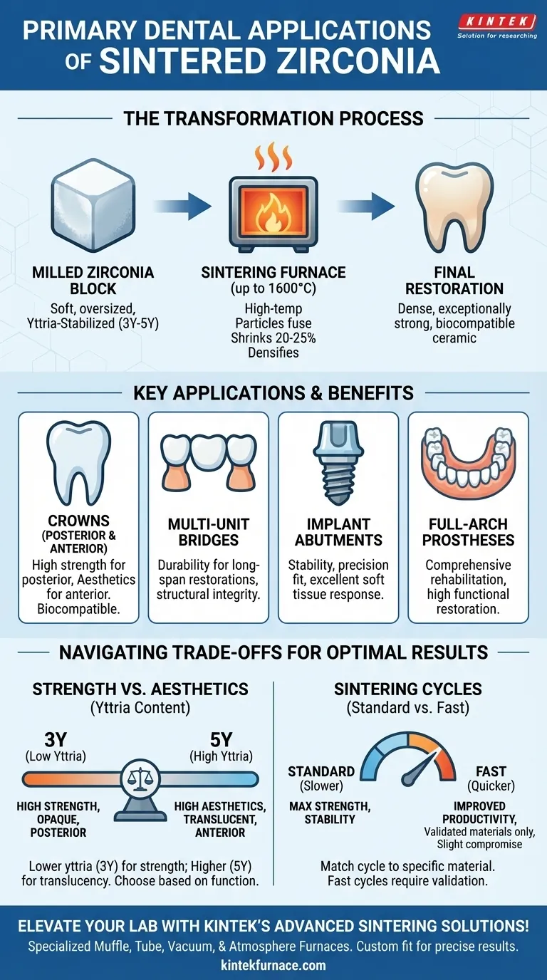 What are the primary dental applications of sintered zirconia? Discover Durable Crowns, Bridges, and More Visual Guide