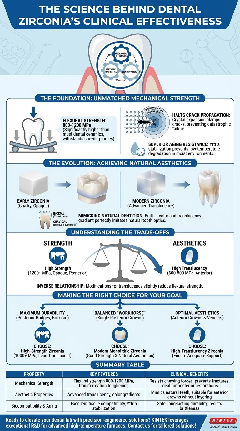 Quais propriedades dos materiais tornam a zircônia dentária clinicamente eficaz? Descubra Sua Resistência, Estética e Biocompatibilidade Guia Visual