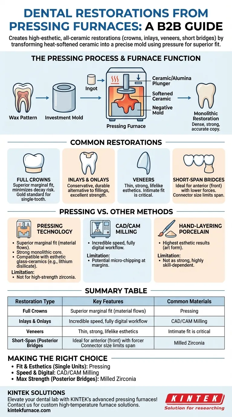Que tipos de restaurações são feitas usando um forno de prensagem? Descubra Soluções Dentárias Estéticas de Alta Resistência Guia Visual