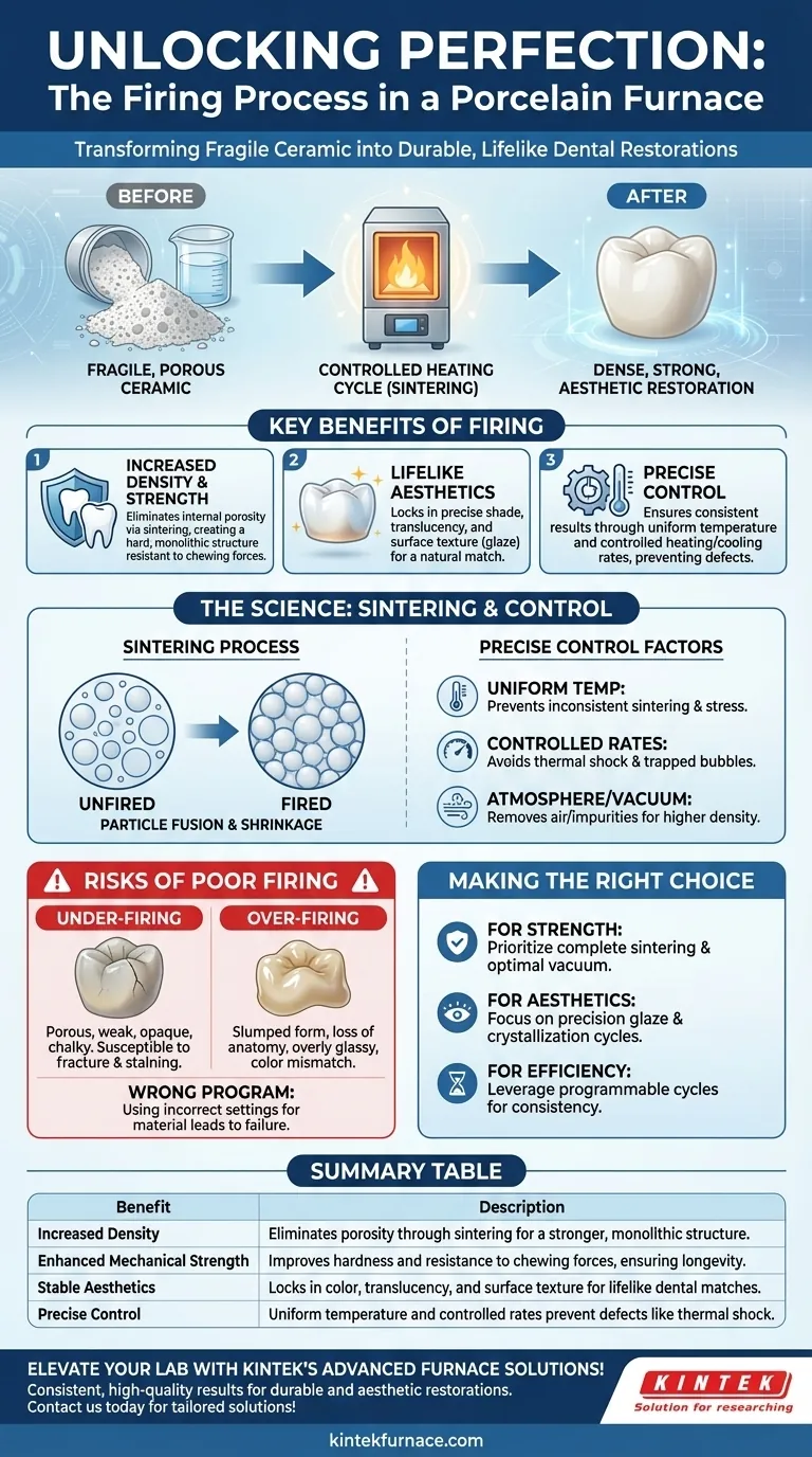 What benefits does the firing process in a porcelain furnace provide? Achieve Durable, Aesthetic Dental Restorations Visual Guide