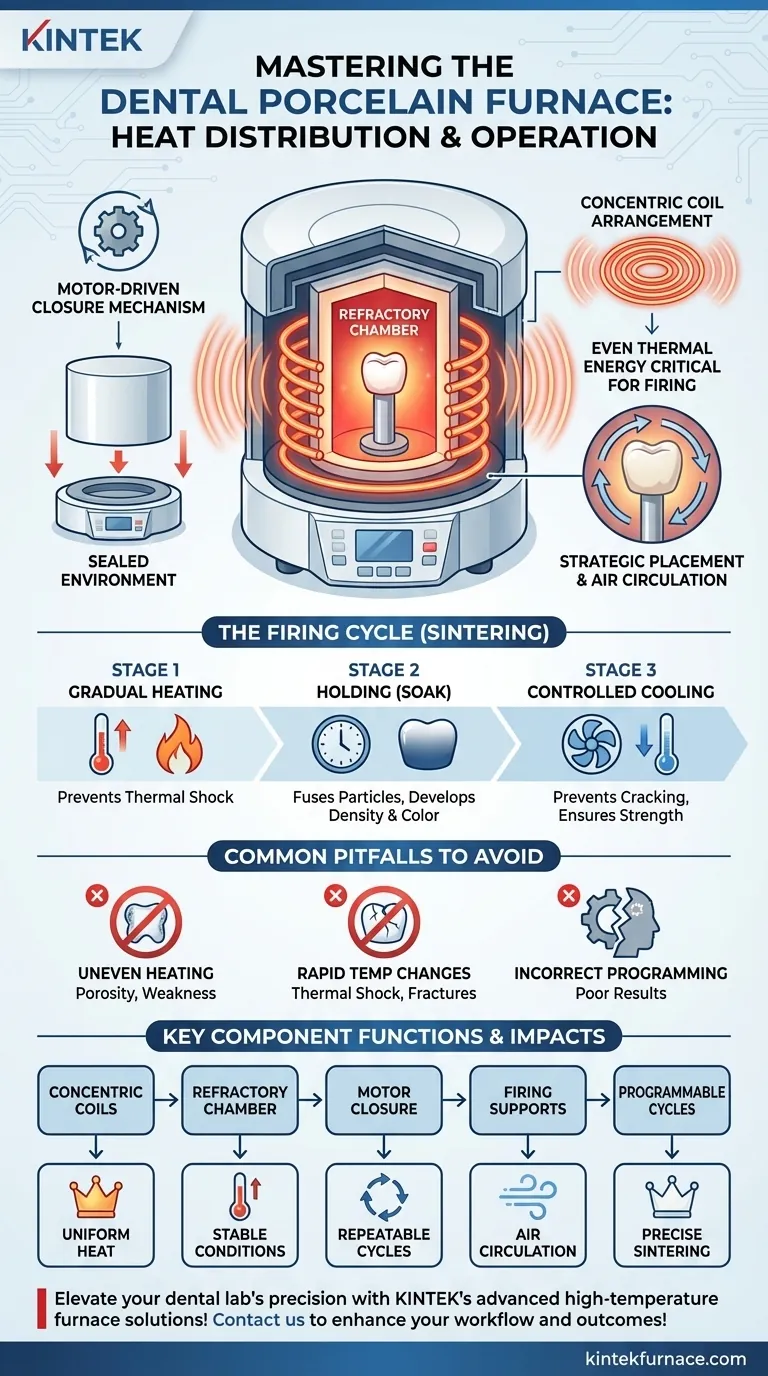How is heat distributed in a porcelain furnace and how does the firing mechanism operate? Master Uniform Heating for Perfect Dental Restorations Visual Guide