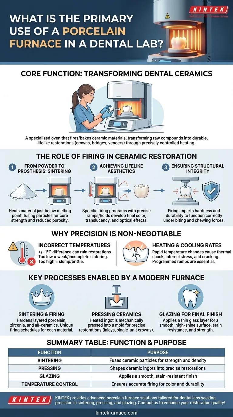 What is the primary use of a porcelain furnace in a dental lab? Achieve Precision for Lifelike Dental Restorations Visual Guide