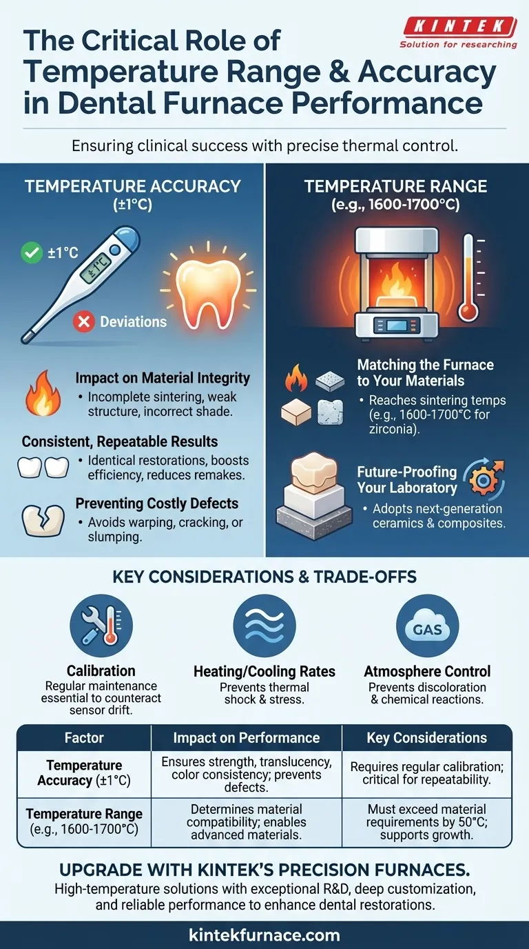 What role does temperature range and accuracy play in dental furnace performance? Ensure Precision for Superior Dental Restorations Visual Guide