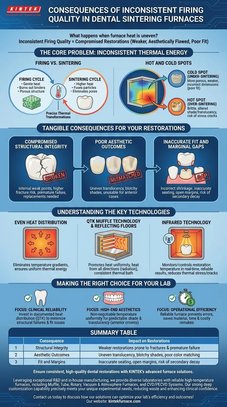 What are the consequences of inconsistent firing quality in dental sintering furnaces? Avoid Weak, Flawed Restorations Visual Guide