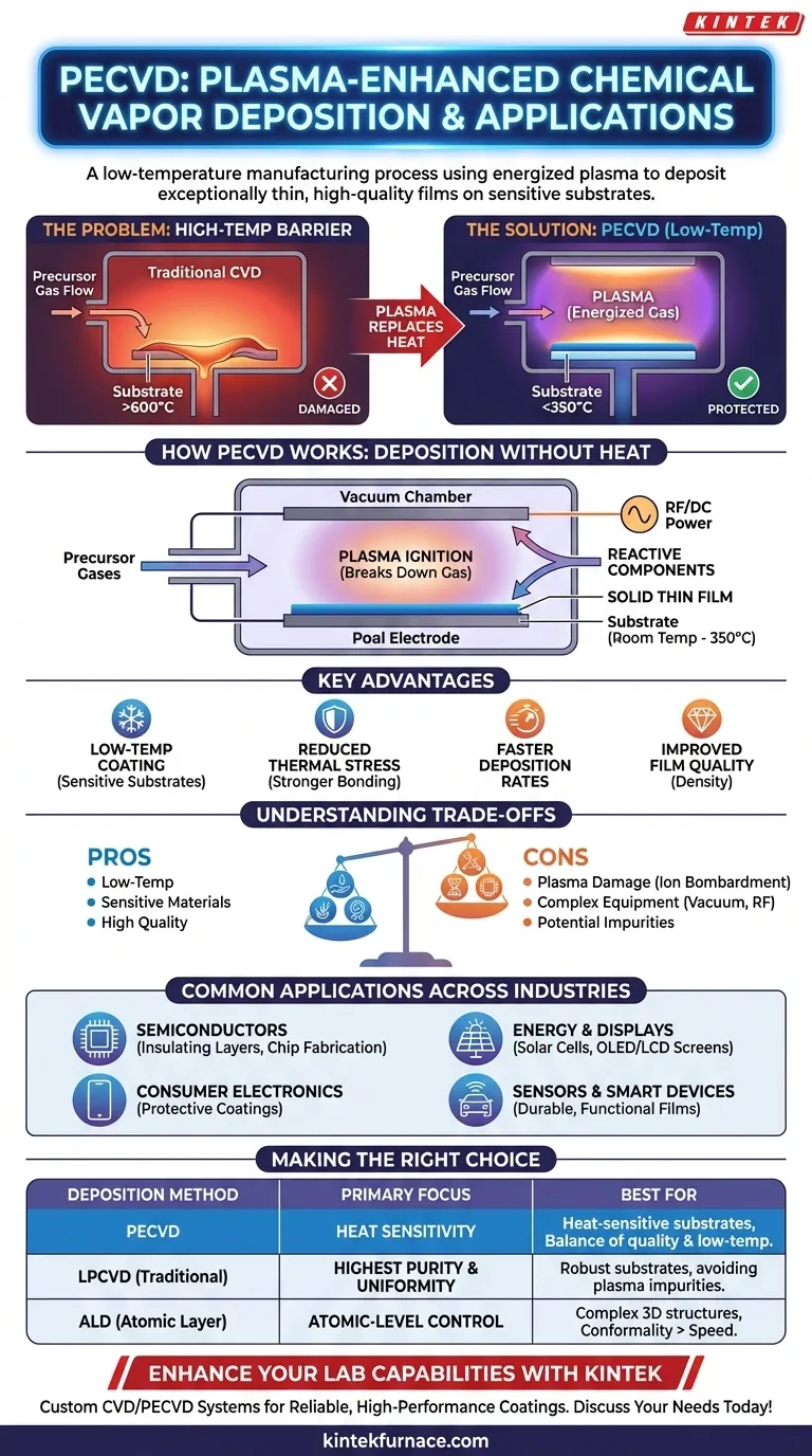 ما هي تقنية الترسيب الكيميائي للبخار المعزز بالبلازما (PECVD) وتطبيقاتها؟ إطلاق العنان لطلاء الأفلام الرقيقة في درجات حرارة منخفضة دليل مرئي
