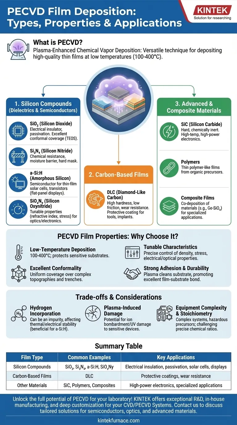 Welche Arten von Schichten kann PECVD abscheiden? Entdecken Sie vielseitige Dünnschicht-Lösungen für Ihr Labor Visuelle Anleitung