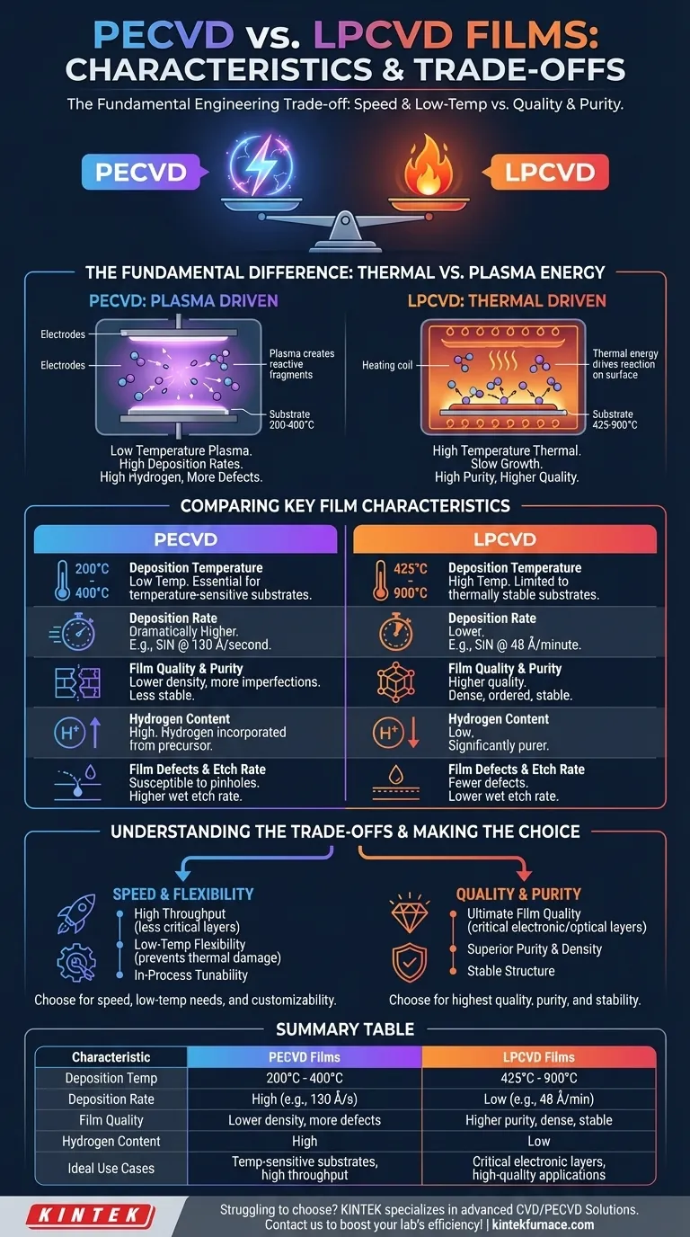 PECVD 필름은 LPCVD 필름과 비교하여 어떤 특성을 가지고 있나요? 연구실에 적합한 CVD 방법을 선택하세요. 시각적 가이드
