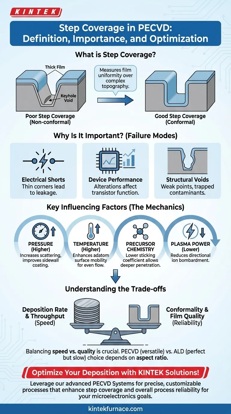 O que é cobertura de degrau em PECVD, e por que é importante? Garanta a Deposição Uniforme de Filmes Finos para Confiabilidade Guia Visual