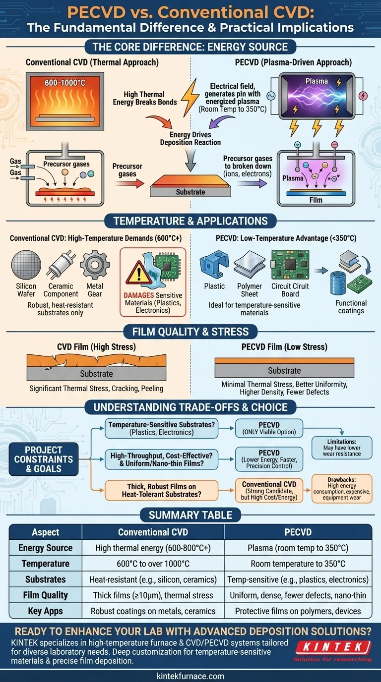 كيف يختلف الترسيب الكيميائي بالبخار المعزز بالبلازما (PECVD) عن الترسيب الكيميائي بالبخار التقليدي؟ اكتشف ترسيب الأغشية الرقيقة في درجات حرارة منخفضة دليل مرئي