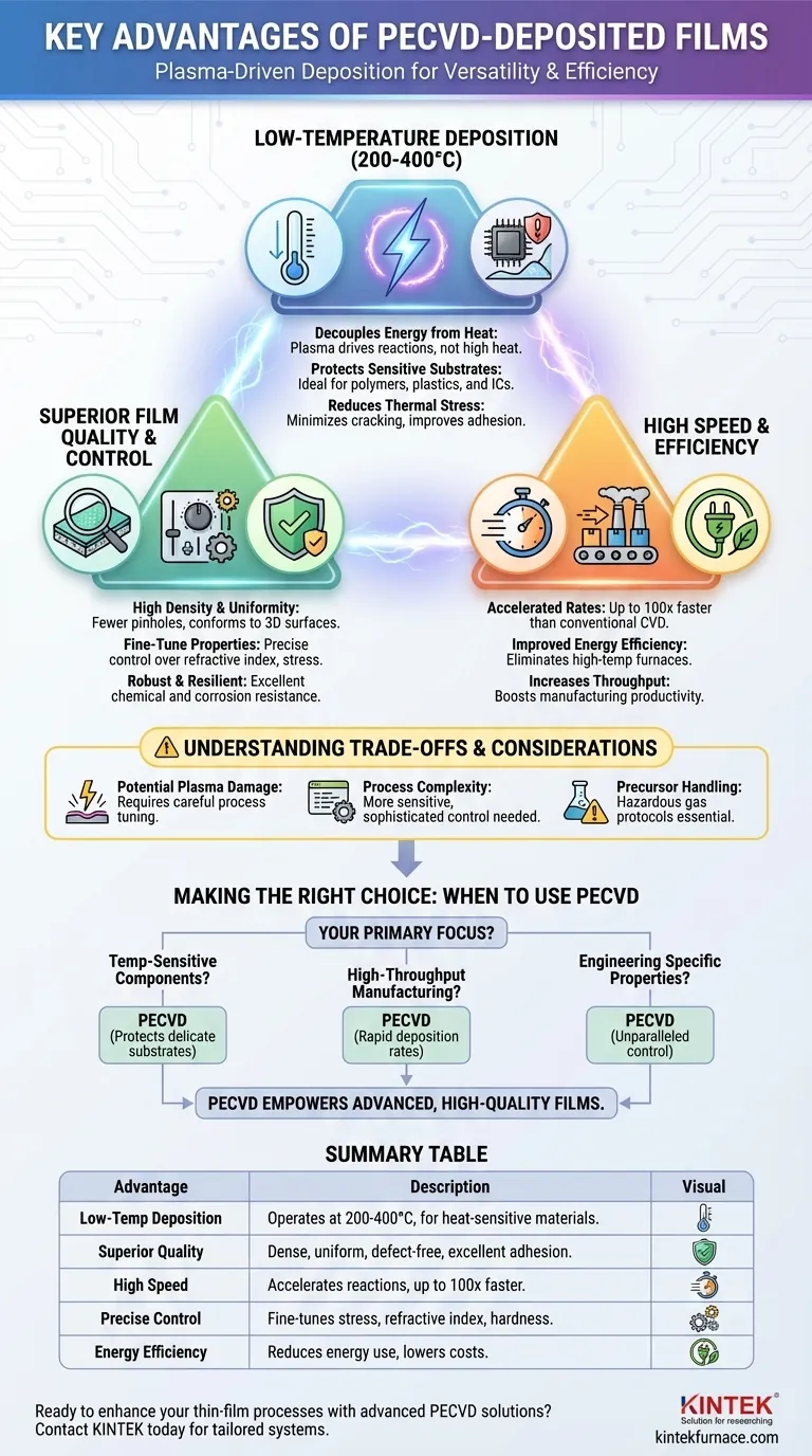ما هي المزايا الرئيسية للأفلام المترسبة بتقنية PECVD؟ إطلاق العنان للطلاءات عالية الجودة ذات درجة الحرارة المنخفضة دليل مرئي