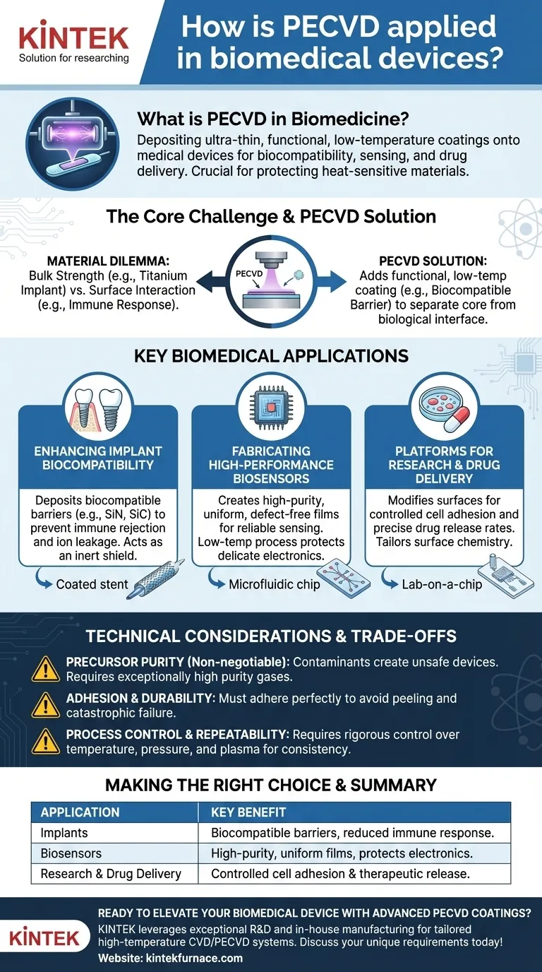 كيف يتم تطبيق ترسيب البخار الكيميائي المعزز بالبلازما (PECVD) في الأجهزة الطبية الحيوية؟ عزز السلامة والأداء باستخدام الطلاءات منخفضة الحرارة دليل مرئي