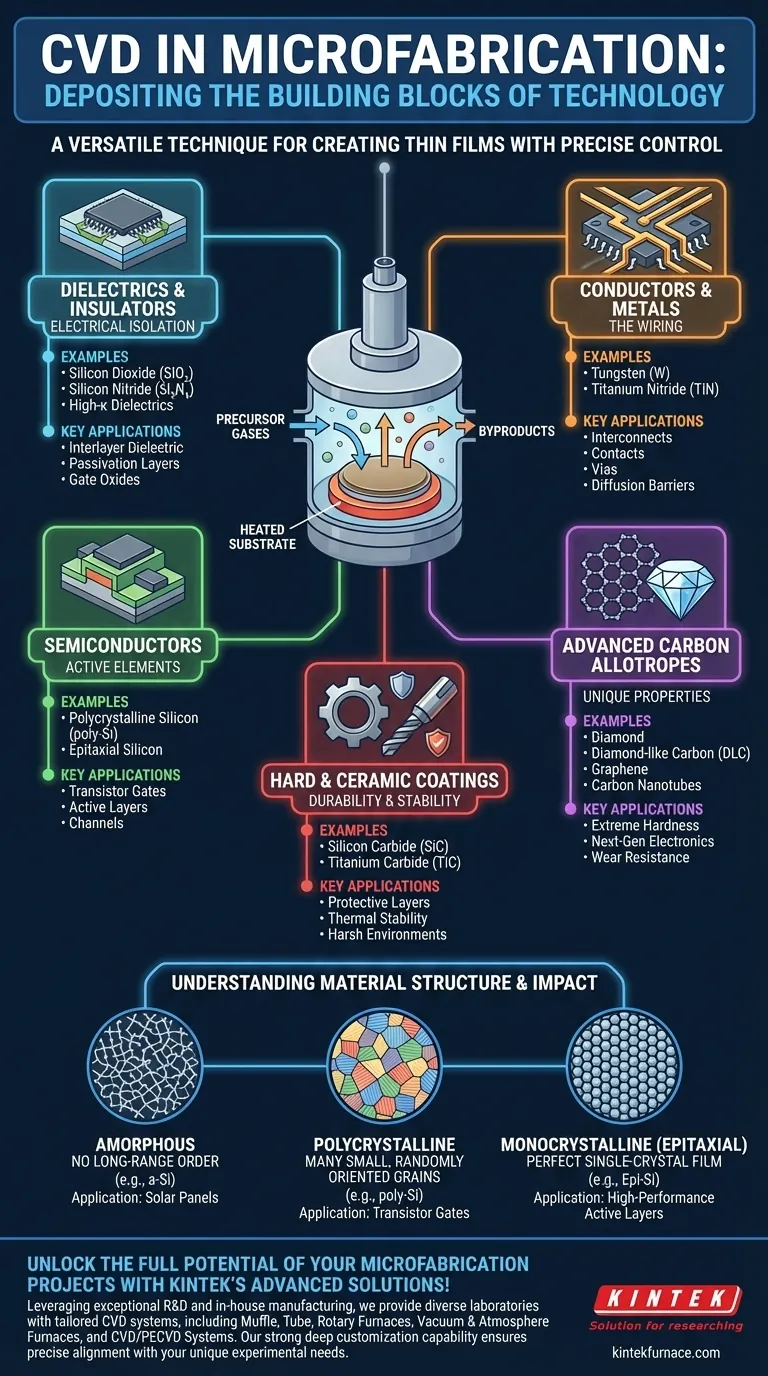 ¿Qué tipos de materiales se pueden depositar utilizando CVD en la microfabricación? Explore películas delgadas versátiles para sus dispositivos Guía Visual