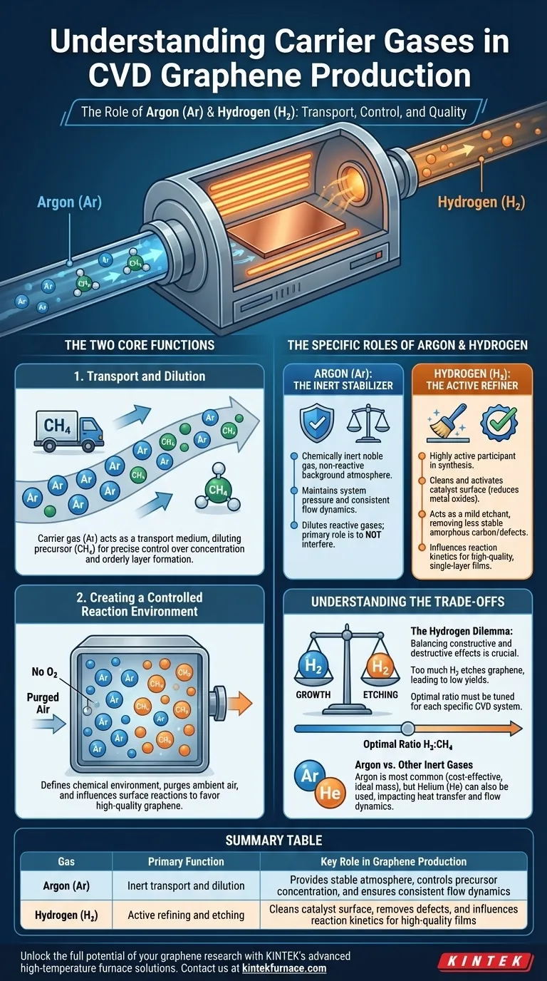 Que tipos de gases são usados como transportadores na produção de grafeno e qual é a sua função? Otimize o Seu Processo CVD para Grafeno de Alta Qualidade Guia Visual