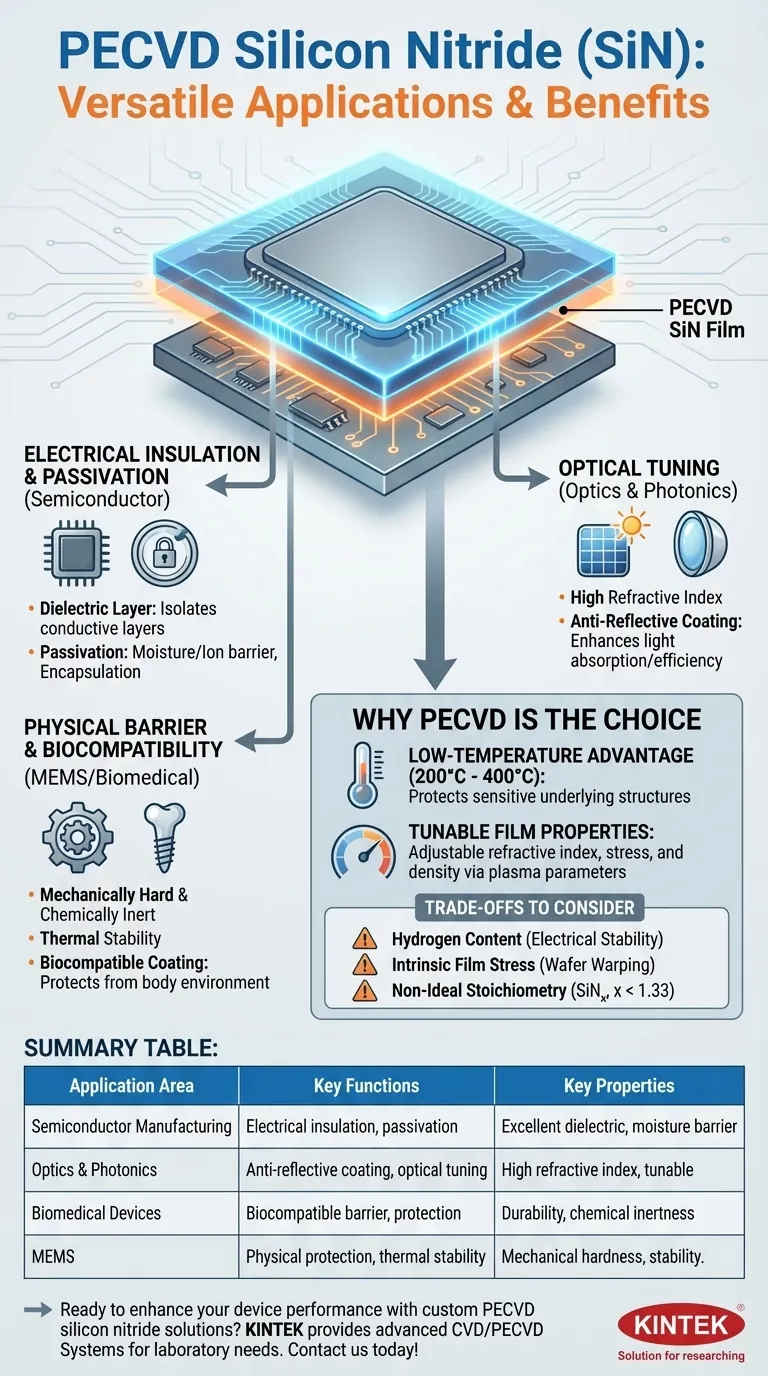 What are the applications of silicon nitride (SiN) deposited via PECVD? Unlock Versatile Thin-Film Solutions Visual Guide