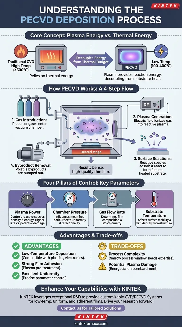 How does the PECVD deposition process work? Achieve Low-Temperature, High-Quality Thin Films Visual Guide