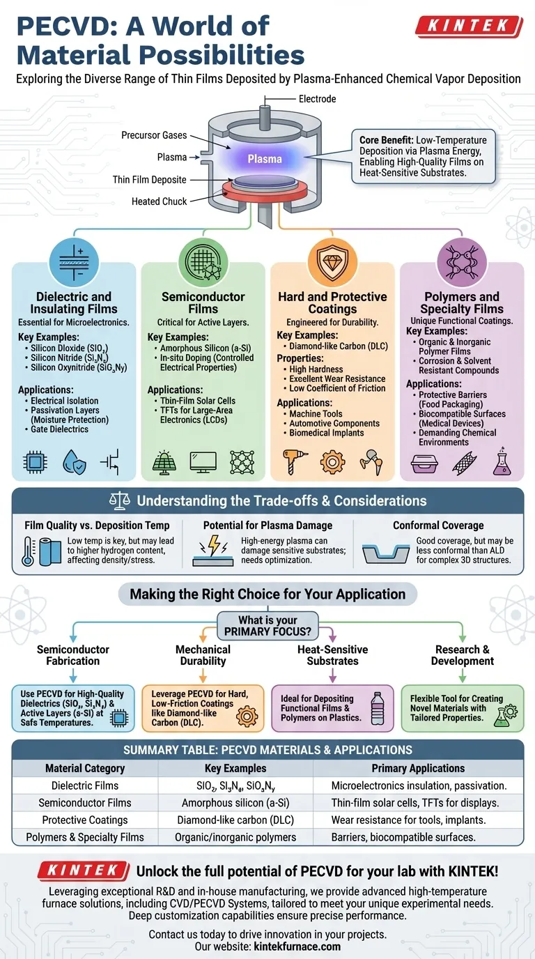 Welche Materialtypen können mittels PECVD abgeschieden werden? Entdecken Sie vielseitige Dünnschichten für Ihre Anwendungen Visuelle Anleitung
