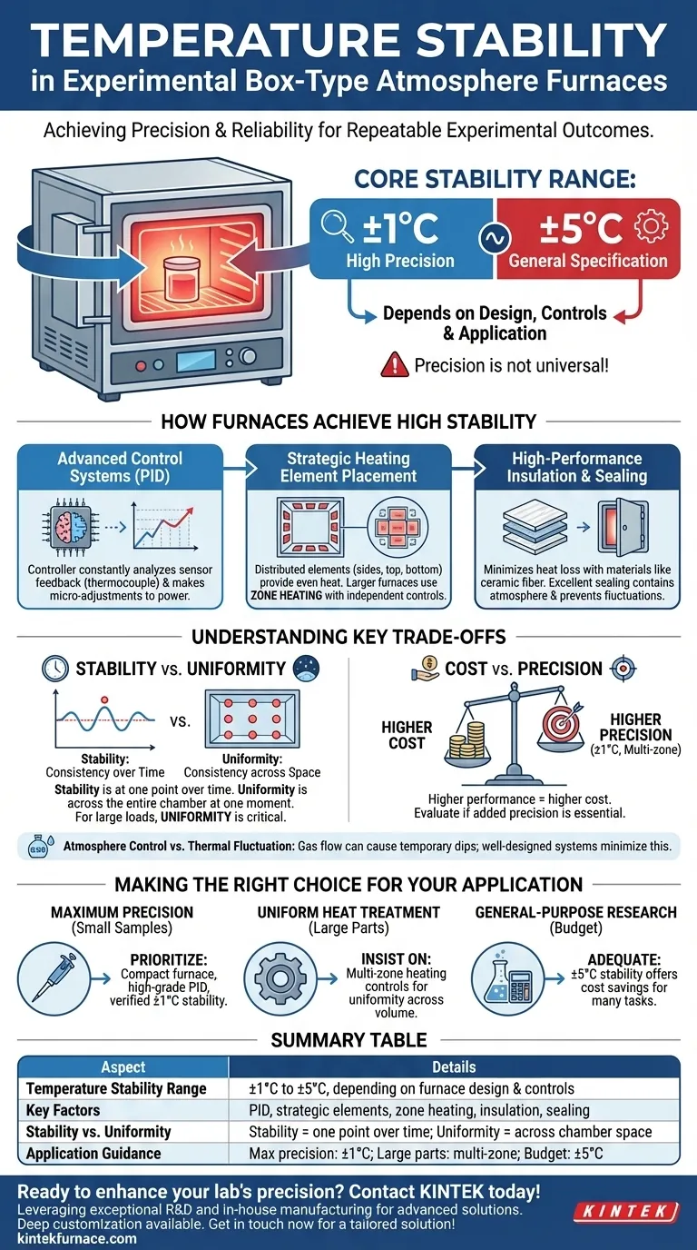 Que nível de estabilidade de temperatura pode ser alcançado com um forno de atmosfera experimental tipo caixa? Obtenha precisão de ±1°C para resultados confiáveis Guia Visual