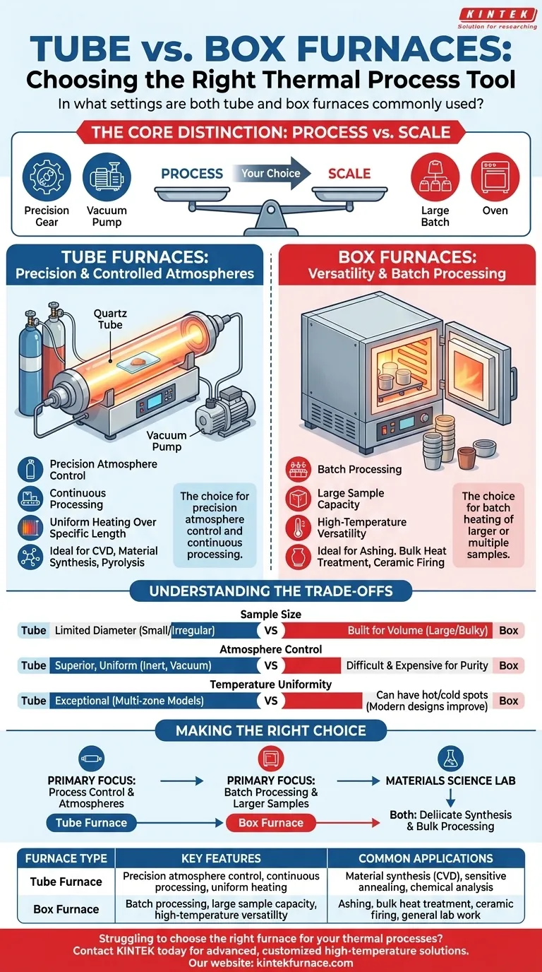 В каких условиях обычно используются как трубчатые, так и камерные печи? Оптимизируйте свои термические процессы с помощью правильного выбора Визуальное руководство