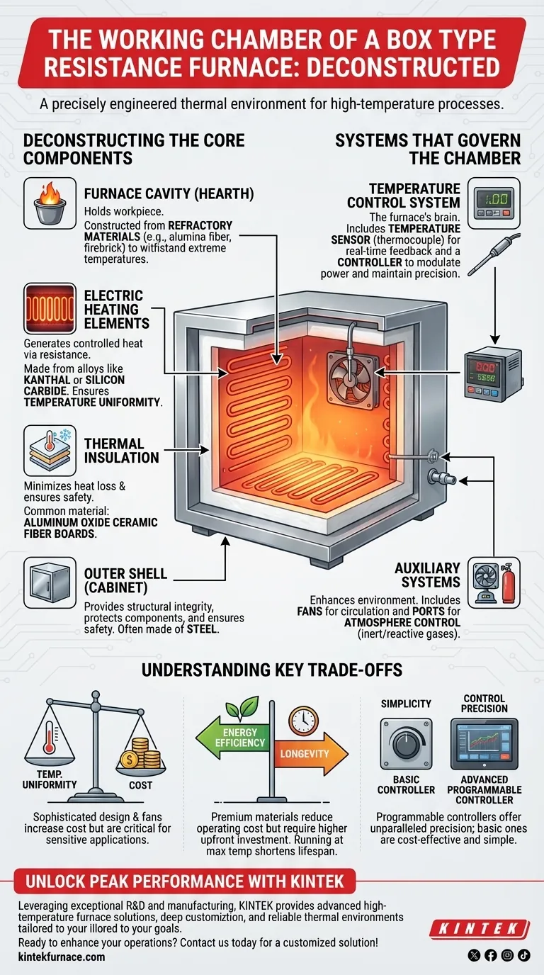 What comprises the working chamber of a box type resistance furnace? Discover the Core Components for Efficient High-Temp Operations Visual Guide
