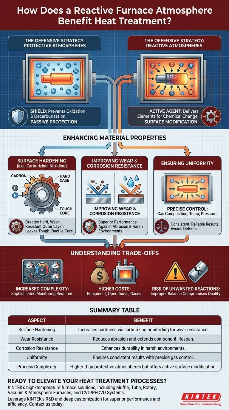 How does a reactive furnace atmosphere benefit heat treatment? Enhance Surface Hardness and Wear Resistance Visual Guide
