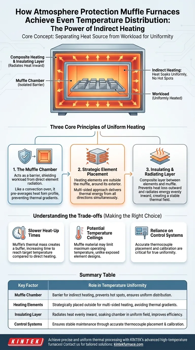 Come distribuisce uniformemente la temperatura nella camera di lavoro un forno a muffola a protezione atmosferica? Scopri la chiave per un riscaldamento uniforme Guida Visiva