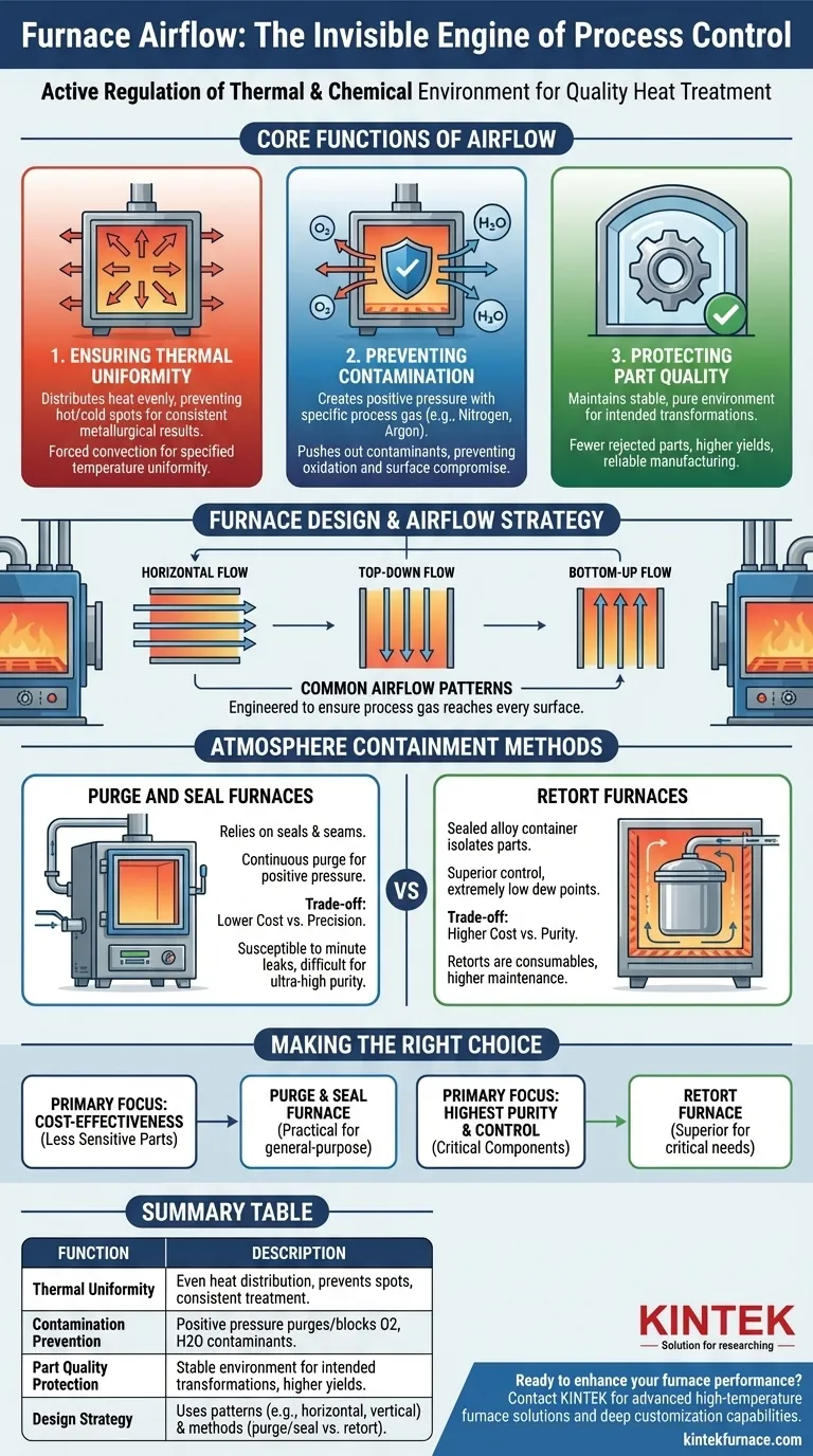 Que papel desempenha o fluxo de ar na manutenção das atmosferas de fornos? Otimize a Qualidade do Tratamento Térmico Guia Visual